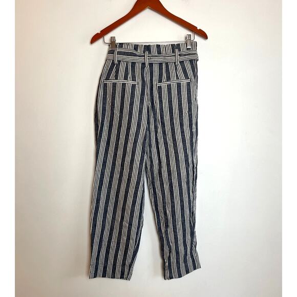 Madewell Linen Cotton Striped Paper Bag Tie Waist Barrel Leg Pants Size 2 Crop - Picture 2 of 7